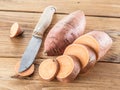 Sweet potatoes on the old wooden table Royalty Free Stock Photo