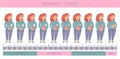 A cute pregnant girl is holding on to her tummy and smiling. Pregnancy development chart.