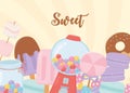 Sweet products bubble gum machine ice cream donut marshmallow lollipop macaron confectionery