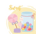Sweet products macaron biscuit marshmallow lollipop and jar glass with caramels