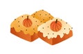 Sweet pumpkin cakes, pies flat vector illustration. Delicious pastry, baking isolated on white background. Bakery