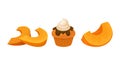 Sweet Pumpkin Foodstuff with Baked Cupcake Vector Set