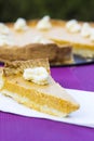 Sweet pumpkin pie with cream close up