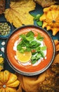 Sweet pumpkin soup puree with cream, orange and mint. Winter or autumn healthy vegetarian comfort slow food. Soup bowl on green