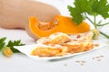 Sweet pumpkin strudel with raisin and powdered sugar on white plate.