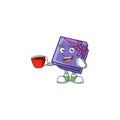 Sweet purple gift box cartoon character with a cup of coffee Royalty Free Stock Photo