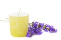 Sweet Purple Lavender with an Unlighted Yellow Green Candle on White Background Royalty Free Stock Photo