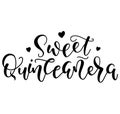 Sweet Quinceanera, black calligraphy for Latin American girl 15 birthday celebration. Vector illustration isolated on