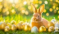 Sweet rabbit in the middle of golden coloured Easter eggs in the grass sunny bokeh