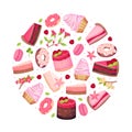 Sweet Raspberry Dessert Round Composition Design with Creamy Cake and Donut Vector Template