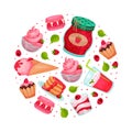 Sweet Raspberry Food Round Composition Design with Pink Sugary Dessert Vector Template