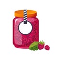 Sweet Raspberry Pink Jam Glass Jar Filled With Berry With Template Label Illustration