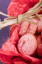 Sweet raspbery cookies in a red basket