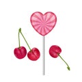 The sweet realistic lollipop in pink color. Sweet lollipop heart-shaped cherry flavored. Vector illustration