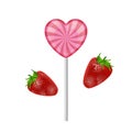 The sweet realistic lollipop in pink color. Sweet lollipop heart-shaped strawberry flavored. Vector illustration