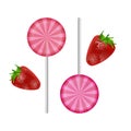 The sweet realistic lollipops in pink color. Sweet lollipops of round shape with strawberry flavor. Vector illustration