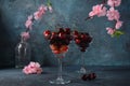 Sweet red cherries in a glasses. Cherry close-up in a glass with water drops.