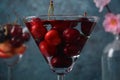 Sweet red cherries in a glasses. Cherry close-up in a glass with water drops.