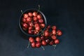 Sweet red cherries piled up in a black ceramic bowl on black background. Top view. Fruit Background. Selective focus Royalty Free Stock Photo