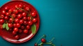 Sweet red cherries on plate. Ripe cherries. Top view. Fruit Background.Horizontal format. AI generated