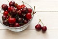 Sweet red cherries in a plate on a wooden table Royalty Free Stock Photo