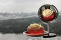 Sweet red jelly dessert layered with rose petal-shaped topping design with scenery background Royalty Free Stock Photo