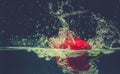 Sweet Red Pepper Drops into Water with Splashing