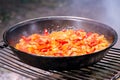 Sweet red pepper, tomato and onion are fried in a pan on the grill close-up for cooking lunch in nature. Selective focus Royalty Free Stock Photo