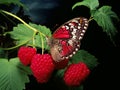 Sweet red raspberries with green leaves and a beautiful butterfly with colorful wings on black background Royalty Free Stock Photo