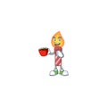 Sweet red stripes candle cartoon character with a cup of coffee