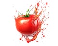 Sweet red Tomato in juice splash isolated on white. Generative AI Royalty Free Stock Photo