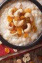 sweet rice pudding with nuts and raisins in a bowl close-up. Vertical top view