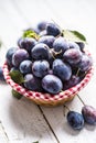 Sweet ripe plums in basket on garden table Royalty Free Stock Photo