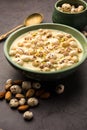 Sweet Roasted Makhana Kheer is an Indian dessert recipe, served in a bowl garnished with dry fruits