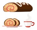 Sweet roll cake on white plate. Chocolate swiss roll. Sweet cake with tea cup, Flat illustration isolated on white