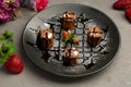 Sweet roll - chocolate pancake, strawberries, banana, orange, butter cream Royalty Free Stock Photo