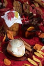 Warm background. Beautiful. Cinnamon sticks. Autumn foliage. Still life. Sweater. Red background. Warmly. Cosiness