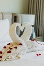 Sweet room in holiday, Swan towel decoration on bed with white pillow in bedroom interior.