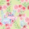 Sweet rose with teapot and teacup hand drawn pink flowers theme of summer spring, flowers fresh and rest  illustration background Royalty Free Stock Photo