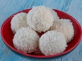 Sweet round coconut spreaded candyes, close-up macro