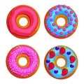 Sweet round doughnuts flat vector illustration set