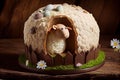 sweet round easter lamb cake with decoration of cocoa and cream Royalty Free Stock Photo