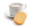 Sweet sandvich cookies and coffee cup. Biscuits with cocoa cream filling isolated on white background Royalty Free Stock Photo