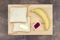 Sweet sandwich with jam, banana and butter - recipe ingredients. Set photo 01 of 5 Royalty Free Stock Photo