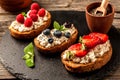 Sweet sandwiches with fruits and berries, banner, catering menu recipe