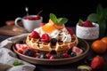 sweet and savory vegan waffles, topped with fresh fruit, maple syrup, and whipped cream Royalty Free Stock Photo