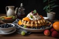 sweet and savory vegan waffles, topped with fresh fruit, maple syrup, and whipped cream Royalty Free Stock Photo