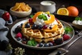 sweet and savory vegan waffles, topped with fresh fruit, maple syrup, and whipped cream Royalty Free Stock Photo