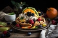 sweet and savory vegan waffles, topped with fresh fruit, maple syrup, and whipped cream Royalty Free Stock Photo