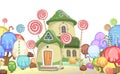 Sweet scenery. Sweet caramel fairy house. Summer cute landscape. Illustration in cartoon style flat design. Picture for Royalty Free Stock Photo